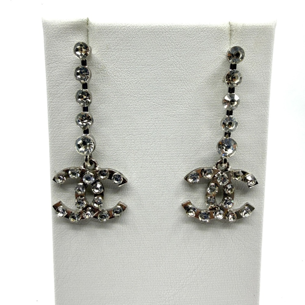 Silver Tone Main Stone Rhinestone Logo Dangle Drop Earrings Statement Luxury